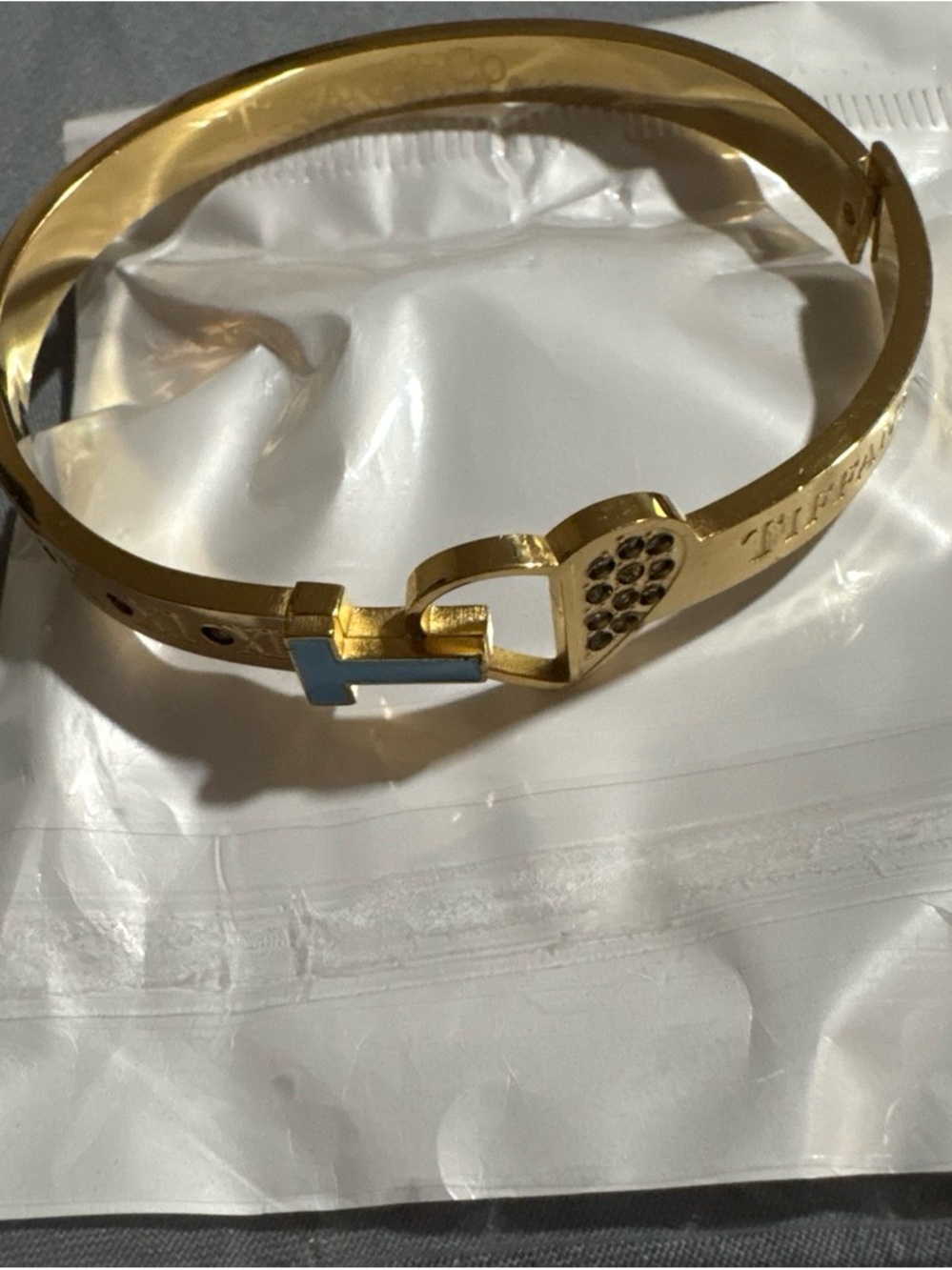 Gold-Tone Bangle Bracelet with Blue Enamel Accent